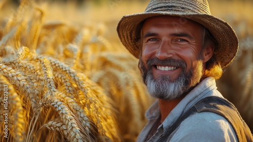 Man harvesting wheat in golden field under bright sunlight at summer afternoon