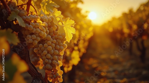 Golden sunset over vineyard rows during harvest season in the countryside