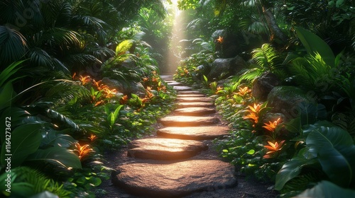 Sunlight filters through dense foliage on a serene jungle path in the early m...