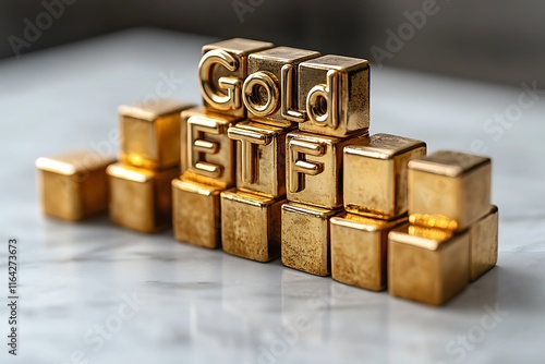 Golden blocks spelling out the phrase 'Gold ETF' on a white marble surface, representing financial investment and precious metal trading