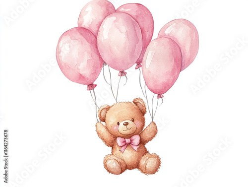A teddy bear is holding a bunch of pink balloons. Watercolor style. 