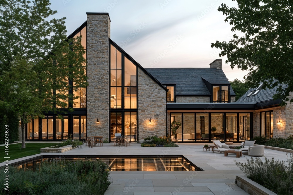 Fototapeta premium Modern stone house with large windows and landscaped garden during sunset in a serene neighborhood