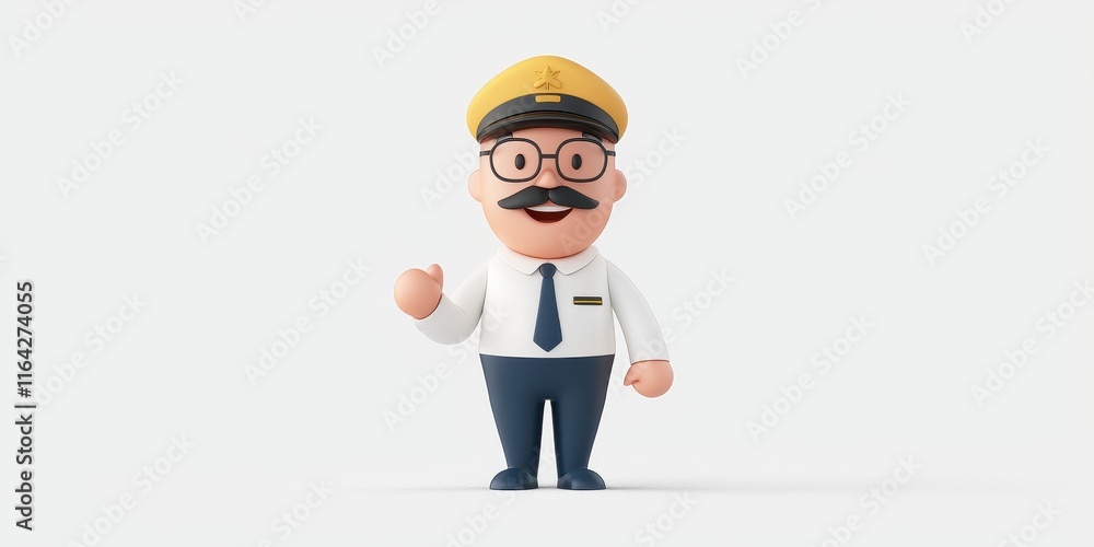 Cheerful cartoon pilot character welcoming passengers with a friendly gesture. Cheerful cartoon pilot character welcoming passengers with a friendly gesture.