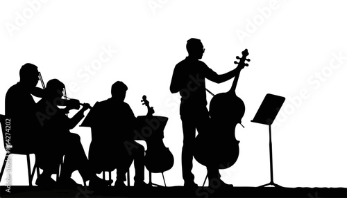 Silhouetted musicians playing string instruments on stage