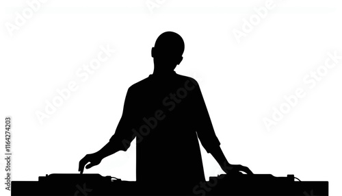 Silhouette of DJ mixing music against a white background