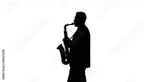 Saxophonist playing music in silhouette against white background