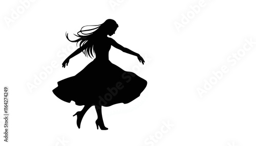 Dancing silhouette woman twirling in a white background
