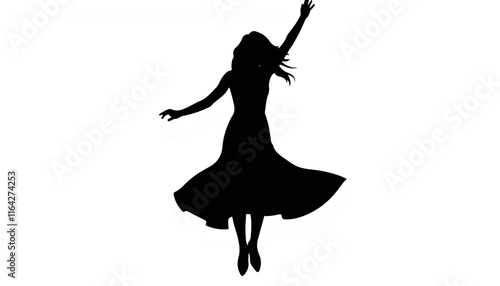 Woman celebrating joyfully in a flowing dress against white background