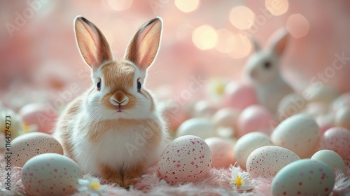 Cute white rabbit sitting among pastel-colored eggs and flowers in a spring l...