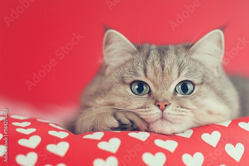 A cat is comfortably laying on a vibrant red pillow that features cute little white hearts all over it, creating a cozy atmosphere. Pets at a romantic picnics photo