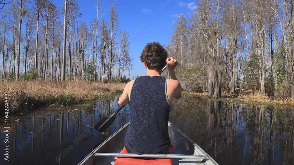 Teen paddling through the Okefenokee swamp on the Georgia, Florida border. View from inside canoe Teen paddling through the Okefenokee swamp on the Georgia, Florida border. View from inside canoe