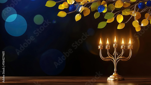 Hanukkah celebrates the miracle with dreidels latkes and community spirit. Elegant Menorah with Yellow Leaves and Bokeh Background photo