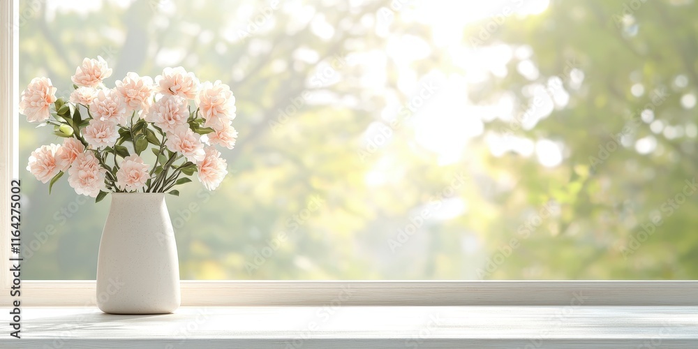 A beautiful vase of pink flowers placed on a sunny windowsill. A beautiful vase of pink flowers placed on a sunny windowsill.