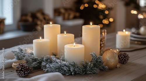 Elegant holiday table setting with candles and greenery creating a warm atmos...