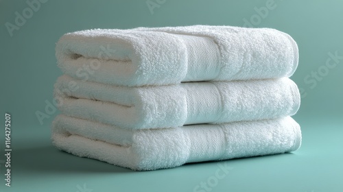 Soft white towels stacked neatly on a turquoise background for bathroom decor...