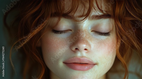 Freckled girl with closed eyes and wavy hair expressing tranquility indoors