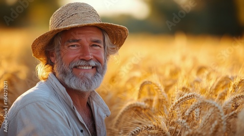 Man harvesting wheat in golden field under bright sunlight at summer afternoon