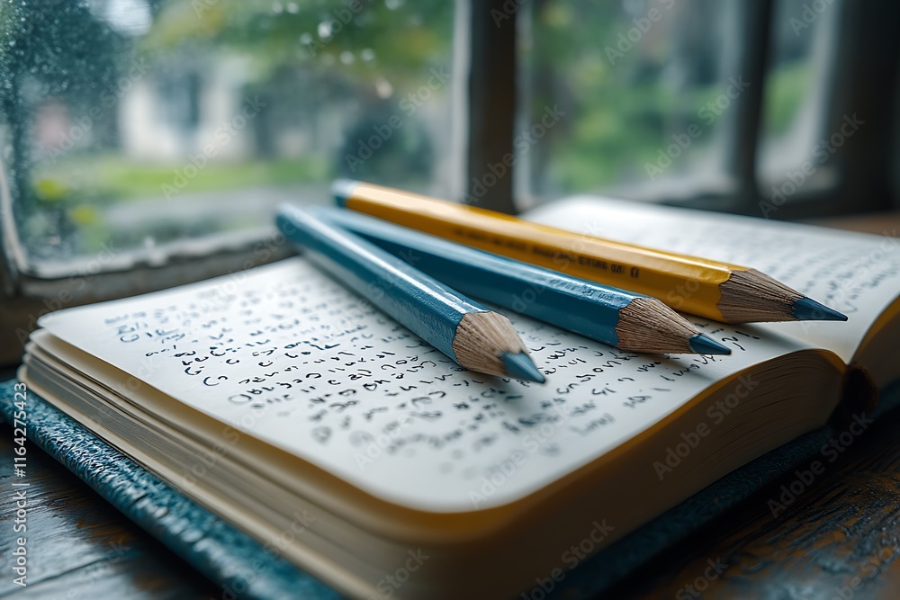 Fototapeta premium Blue pencils lie on an open notebook filled with writing by a window on a rainy day.