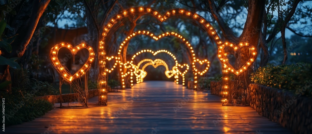 Naklejka premium Elegant Valentine Day pathway adorned with glowing heart-shaped arches and romantic lighting for love and celebration