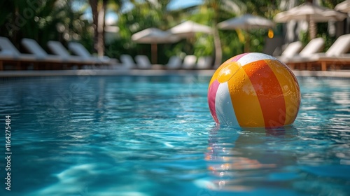 Bright beach ball floating in a serene swimming pool surrounded by tropical p...