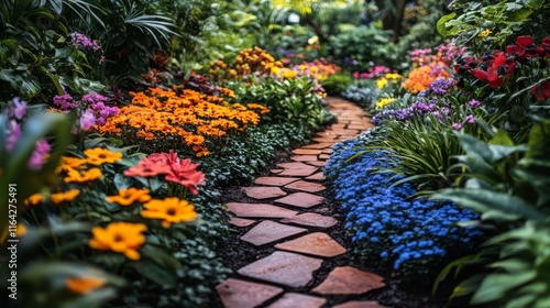 Lush garden pathway with colorful flowers beside a cozy brick house during da...