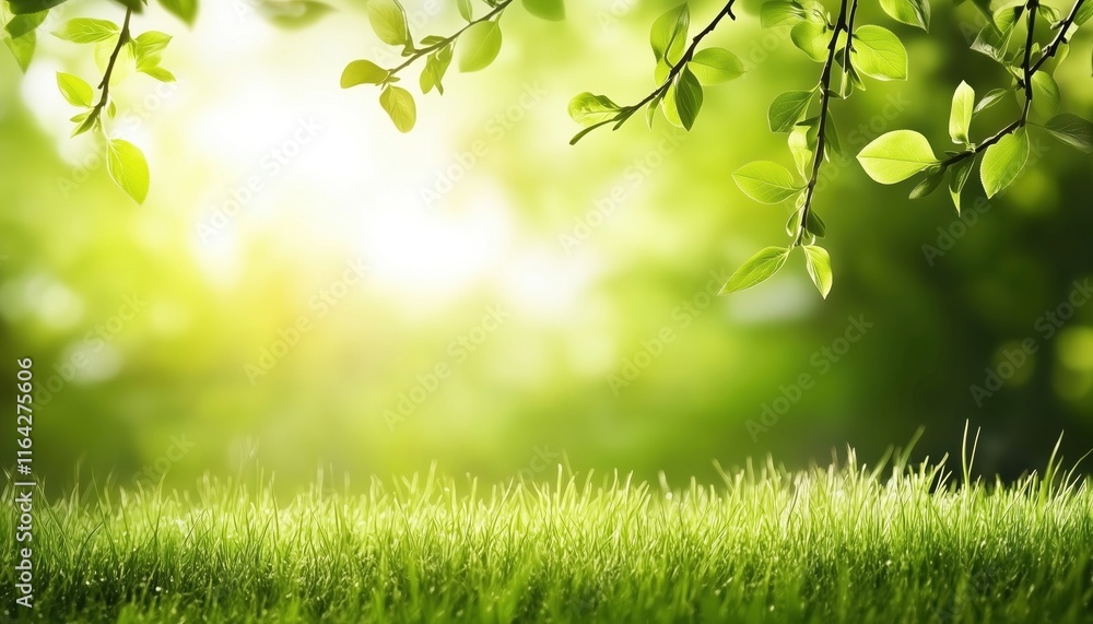 Obraz premium Stunning Spring And Summer Landscape Featuring Lush Green Grass And Sunlit Tree Twigs In Widescreen Frame