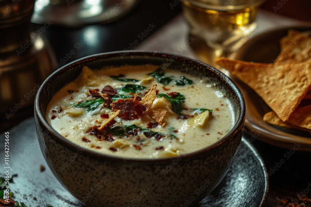 Delicious creamy soup with spinach, bacon, and crispy toppings, served with crunchy snacks. Delicious creamy soup with spinach, bacon, and crispy toppings, served with crunchy snacks.
