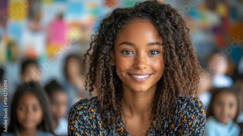 Engaging teacher smiles confidently while students participate in classroom a...