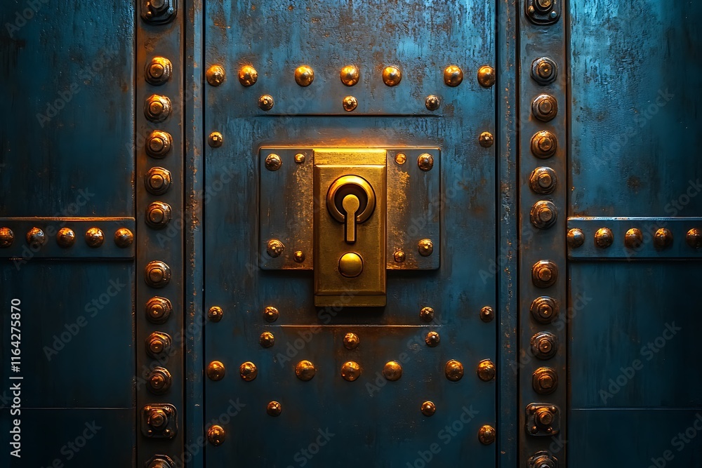 Obraz premium A heavy, blue metal door with gold rivets and a unique locking mechanism.