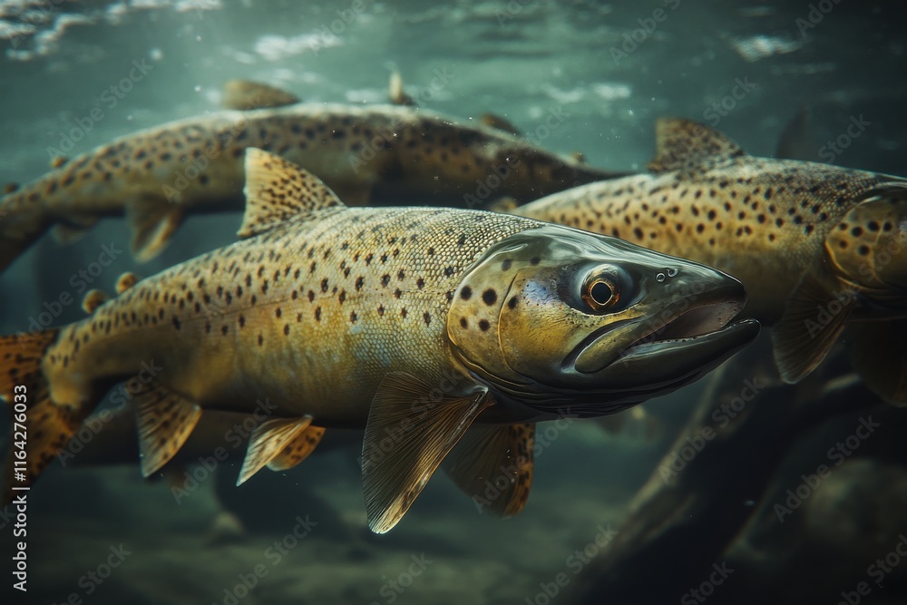 Close-up of a group of brown trout swimming gracefully in a tranquil underwater scene. Close-up of a group of brown trout swimming gracefully in a tranquil underwater scene.