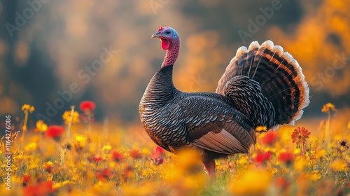 Colorful turkey stands proudly in a green field during sunset near trees