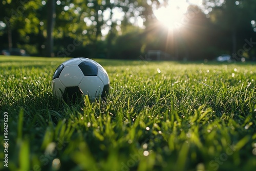 Soccer ball resting on green grass during sunset in a park setting