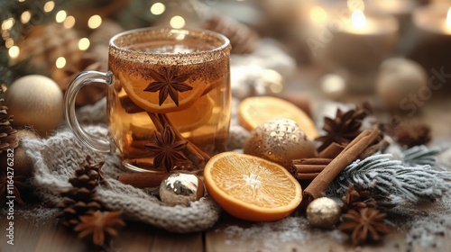 Warm spiced drink with orange and cinnamon surrounded by festive decorations ...