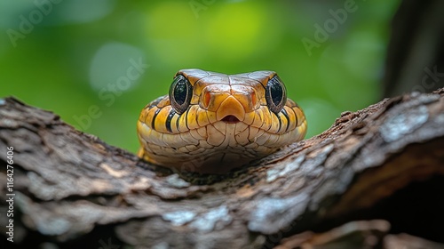 Elegant snake resting inside a hollow log surrounded by autumn leaves in a tr...