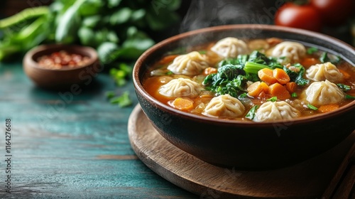 Savory dumpling soup served in a black bowl with spinach and spices on a wood...