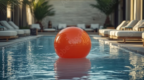 Bright beach ball floating in a serene swimming pool surrounded by tropical p...