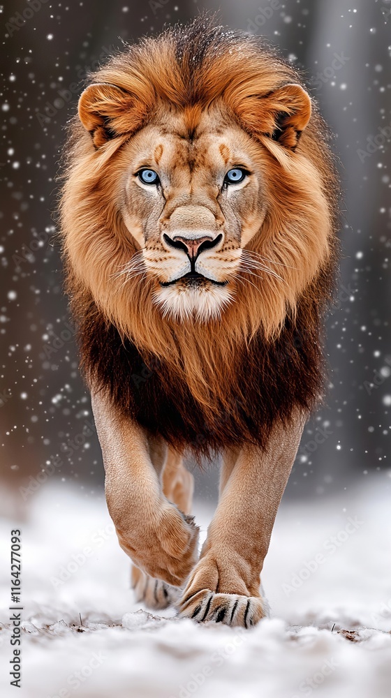 A lion walking in the snow with blue eyes A lion walking in the snow with blue eyes