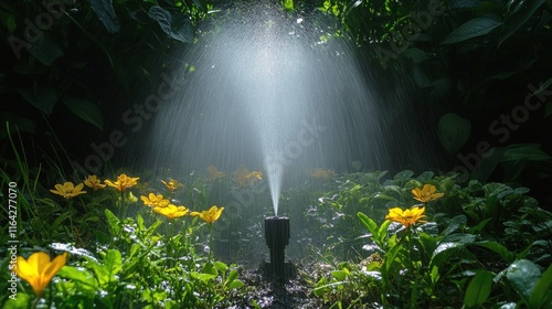 Colorful flowers bloom around a fountain in a serene garden during springtime