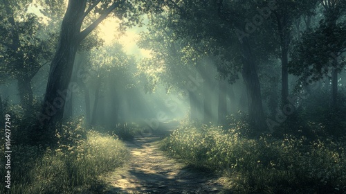 Morning sunlight filters through trees in a serene forest pathway