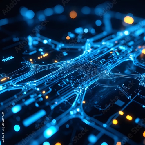 Una representación futurista de un tablero de circuitos iluminado con luces azules y naranjas, que resalta la intrincada y avanzada tecnología electrónica

