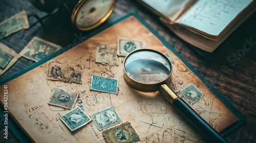 Collecting vintage stamps on album page with magnifying glass evokes nostalgia