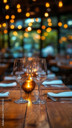 Elegant dining setup with wine glasses and candles in a cozy restaurant durin...