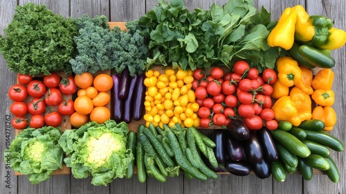 Colorful display of fresh vegetables arranged neatly on wooden table outdoors