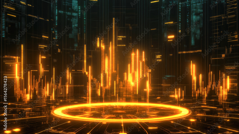 Futuristic digital cityscape with golden neon lights in a virtual environment Futuristic digital cityscape with golden neon lights in a virtual environment