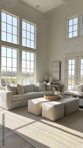 Cozy living room with large windows showcasing beautiful nature in daylight
