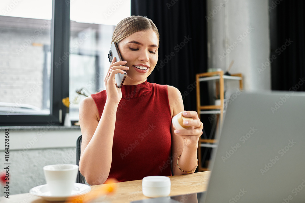 Attractive young woman shares beauty insights and showcases products while on a smartphone call. Attractive young woman shares beauty insights and showcases products while on a smartphone call.