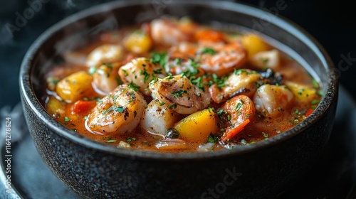 Delicious fish in savory broth served in a traditional bowl with fresh herbs ...