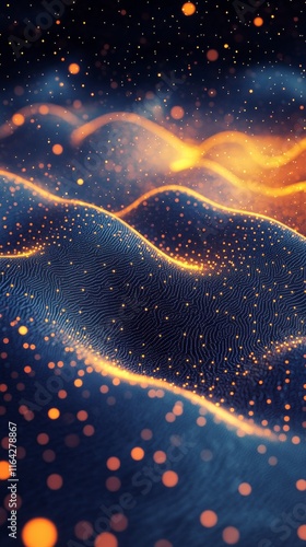 Colorful abstract design showcasing waves and particles in blue and orange tones