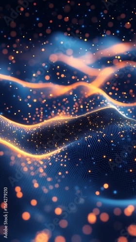 Colorful abstract design showcasing waves and particles in blue and orange tones