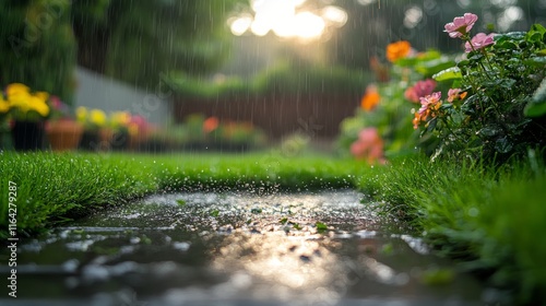 Serene morning watering of lush green lawn along charming residential pathway